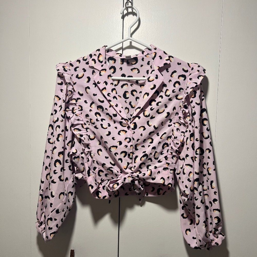 Topshop - Pink Ruffled Balloon Sleeve Crop Blouse - XS